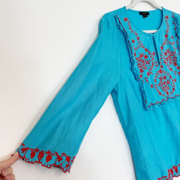 J. Crew Embroidered Linen Tunic Top Monaco Blue Red Floral Embroidery Women's M - Picture 3 of 9